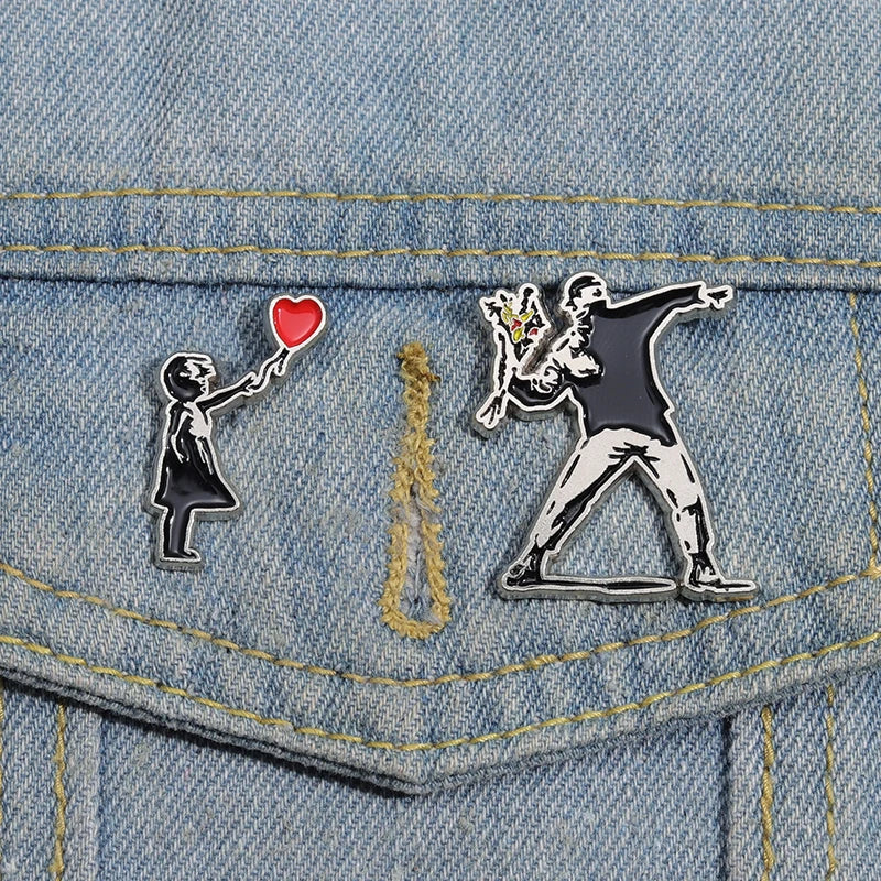 Classic Banksy Art Design Collection Brooch Enamel Pin Flower Thrower Boy Red Balloon Girl Badge Decoration Lapel Jewelry Gift