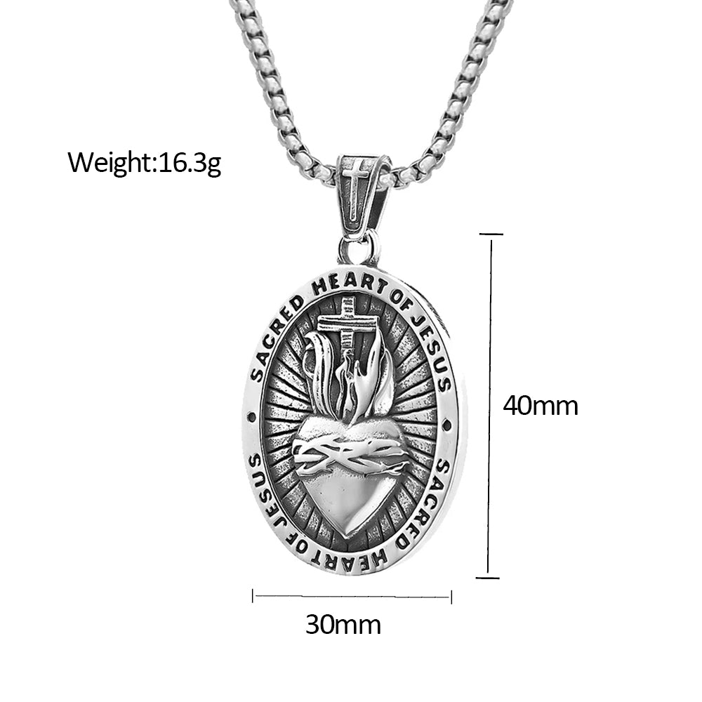 Fashion Vintage Sacred Heart of Jesus Necklace for Men Women 316L Stainless Steel Religious Cross Pendant Biker Amulet Jewelry