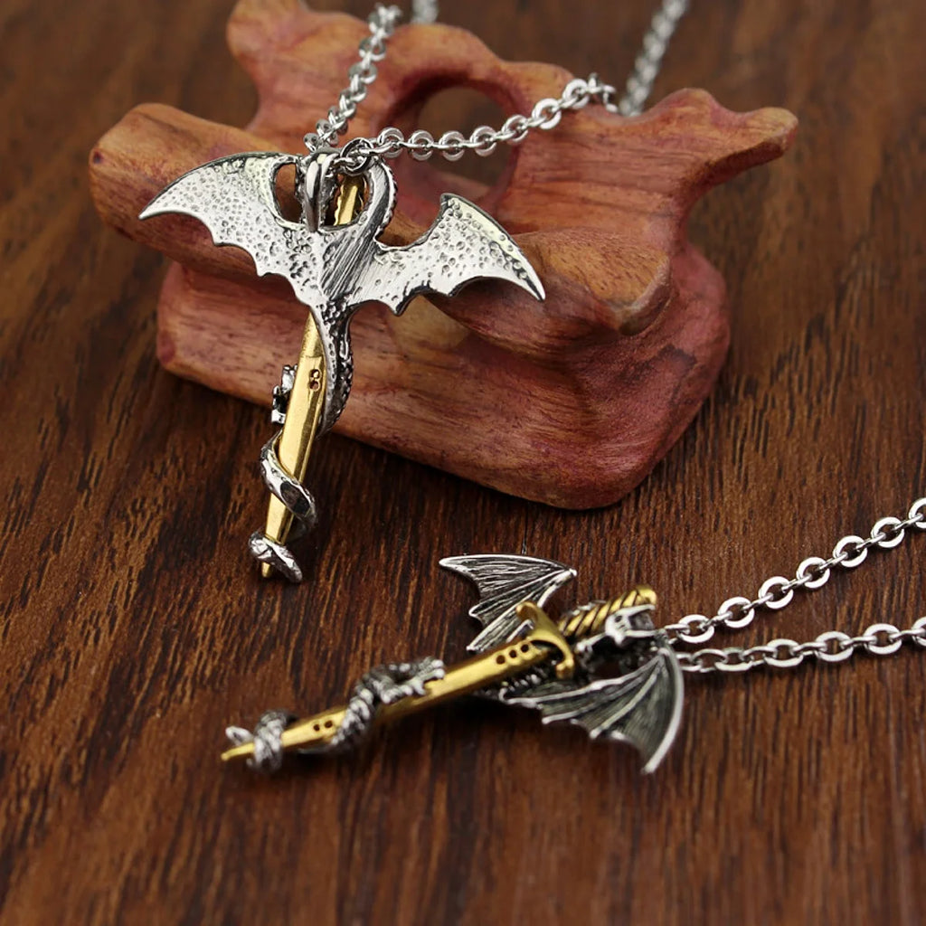 Fashion Vintage Charm Pterosaurs Sword Necklace Flying Dragon With Wings Rolled Pendant Cross Punk Jewelry Men Women