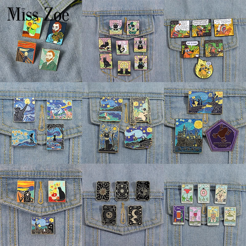 Oil Painting 3-5pcs/Set Enamel Pins Tarot Cards Night Sky Black Cat Brooches Lapel Badge Punk Gothic Jewelry Gift for Friends