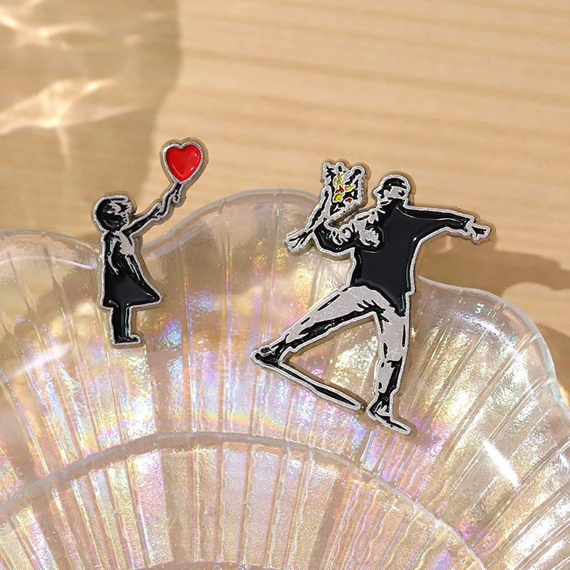Classic Banksy Art Design Collection Brooch Enamel Pin Flower Thrower Boy Red Balloon Girl Badge Decoration Lapel Jewelry Gift