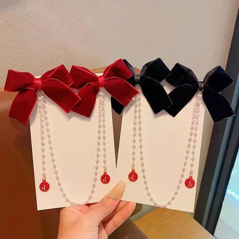 New Elegant Pearl Bow Tassel Hair Clips Solid Velvet Hair Claw Children Princess Hairpins Hair Accessories Заколка Для Волос
