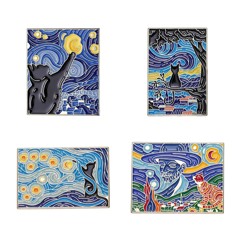 Oil Painting 3-5pcs/Set Enamel Pins Tarot Cards Night Sky Black Cat Brooches Lapel Badge Punk Gothic Jewelry Gift for Friends