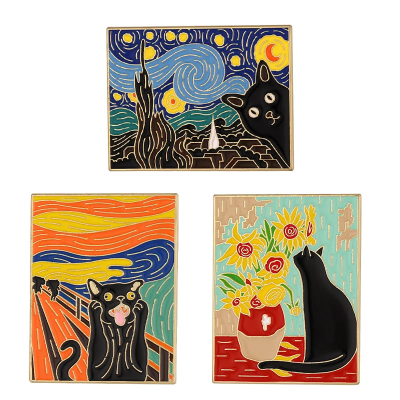 Oil Painting 3-5pcs/Set Enamel Pins Tarot Cards Night Sky Black Cat Brooches Lapel Badge Punk Gothic Jewelry Gift for Friends