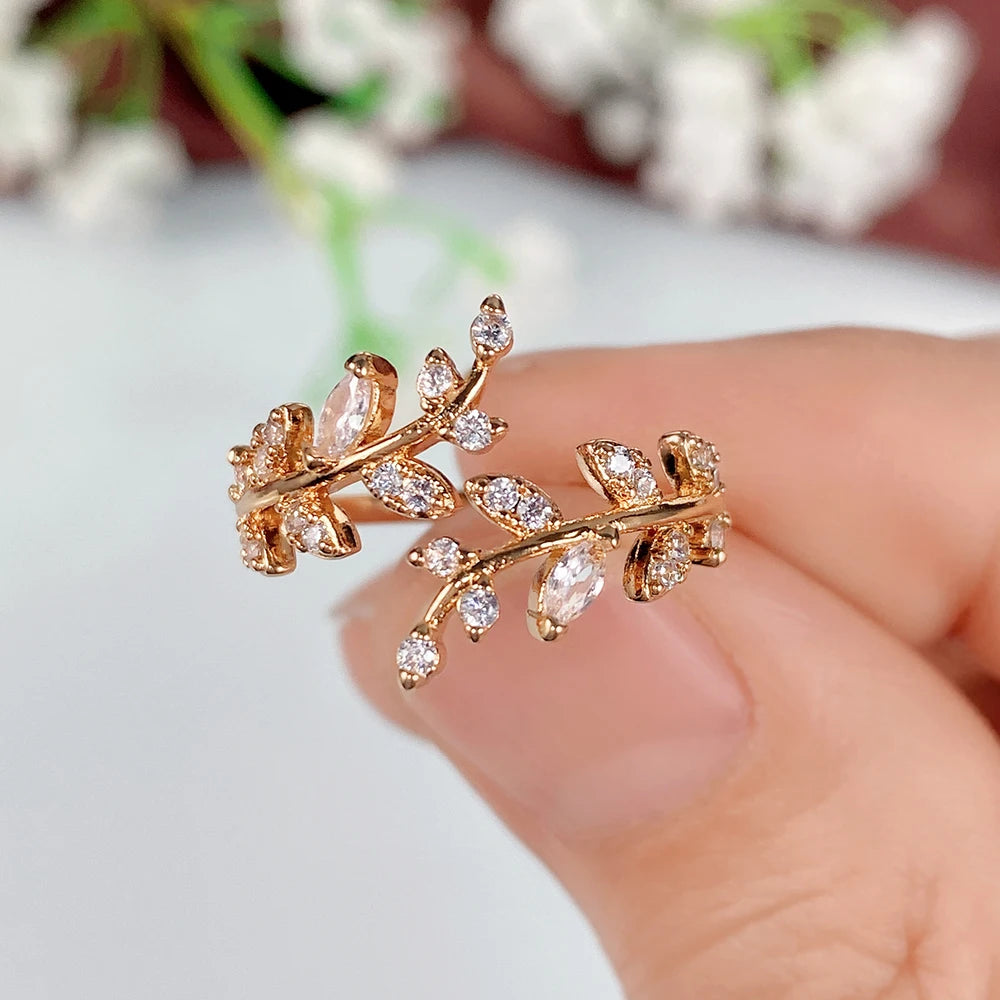 Huitan Fancy Leaf Design Adjustable Opening Rings for Women Sparkling Cubic Zirconia Olive Ring Party Daily Wear Fashion Jewelry