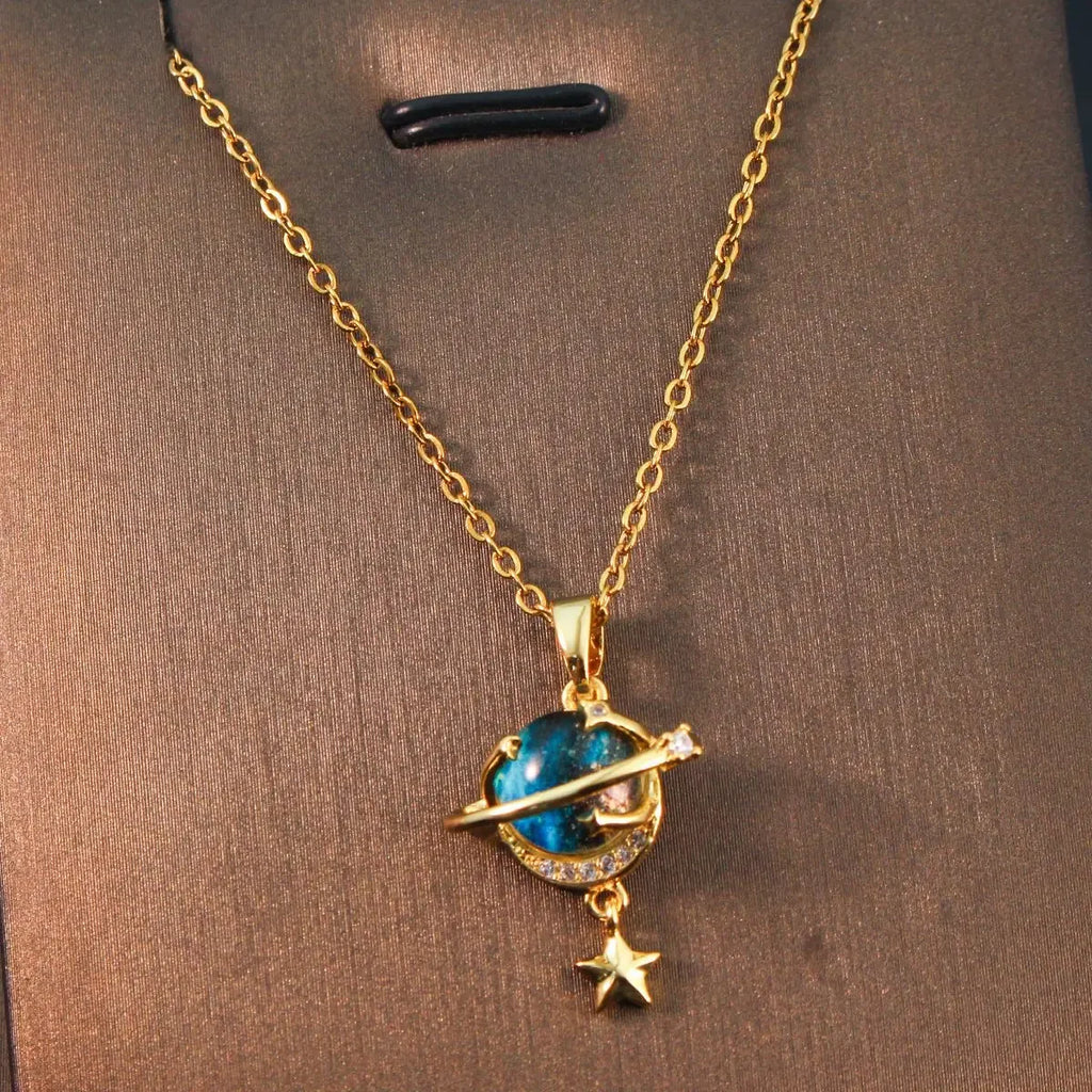 Fashion Planet Moon and Star Opal Pendant Necklace for Women Charm Gold Color Stainless Steel Spaceman Choker Jewelry Accessory