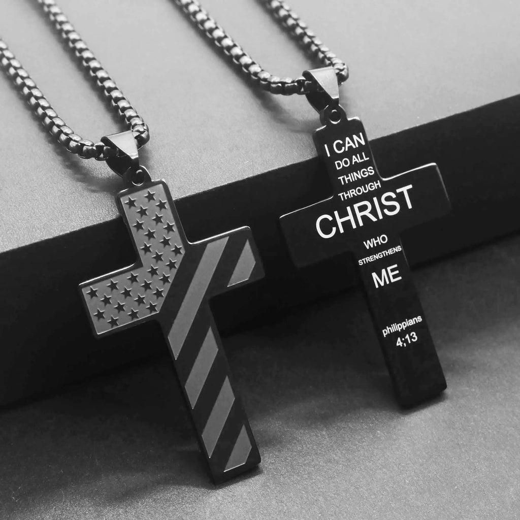 Collier Homme Male Stainless Steel Necklace USA Flag Cross Necklaces for Man Collar Hombre Bible Verse Necklace Man Jewelry