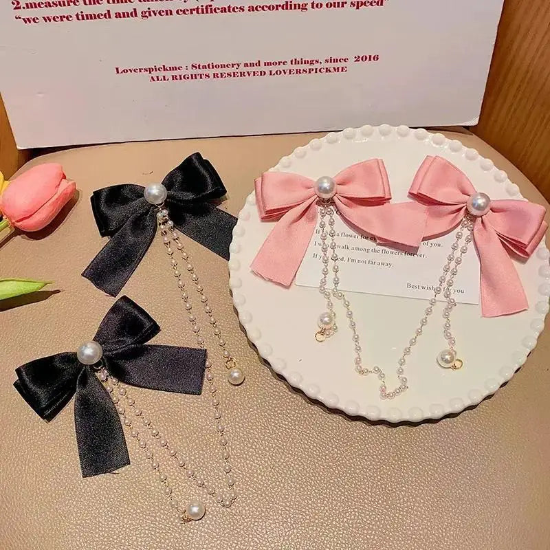 New Elegant Pearl Bow Tassel Hair Clips Solid Velvet Hair Claw Children Princess Hairpins Hair Accessories Заколка Для Волос