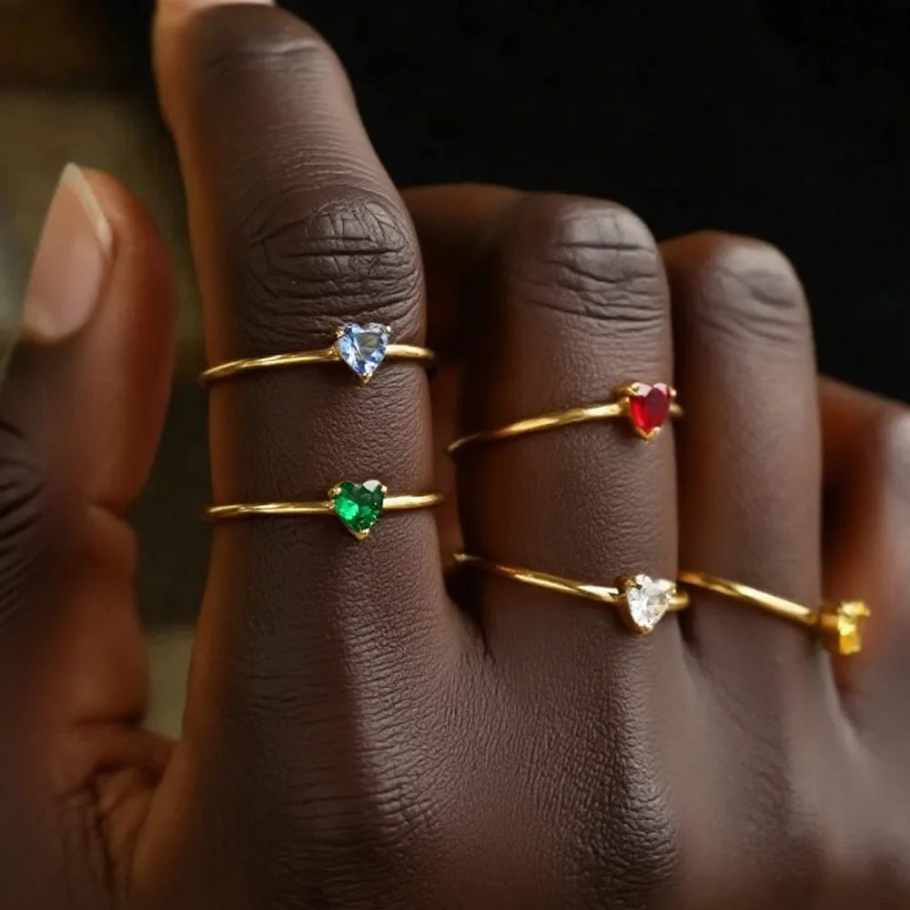 Zircon Heart Birthstone Rings For Women Gold Color Adjustable Stainless Steel Birthstone Heart Ring  Wedding Jewelry Gift BFF