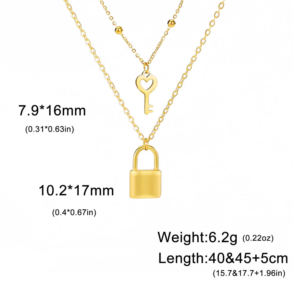 Skyrim Key Padlock Pendant Stainless Steel Necklace Gold Color Women Double Layer Chain Necklaces Trendy Jewelry Wedding Gifts