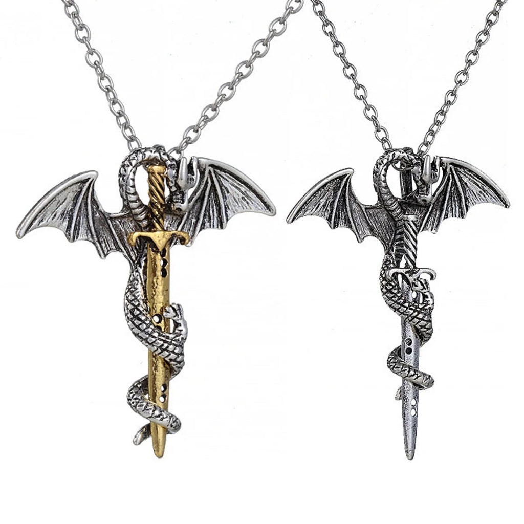 Fashion Vintage Charm Pterosaurs Sword Necklace Flying Dragon With Wings Rolled Pendant Cross Punk Jewelry Men Women