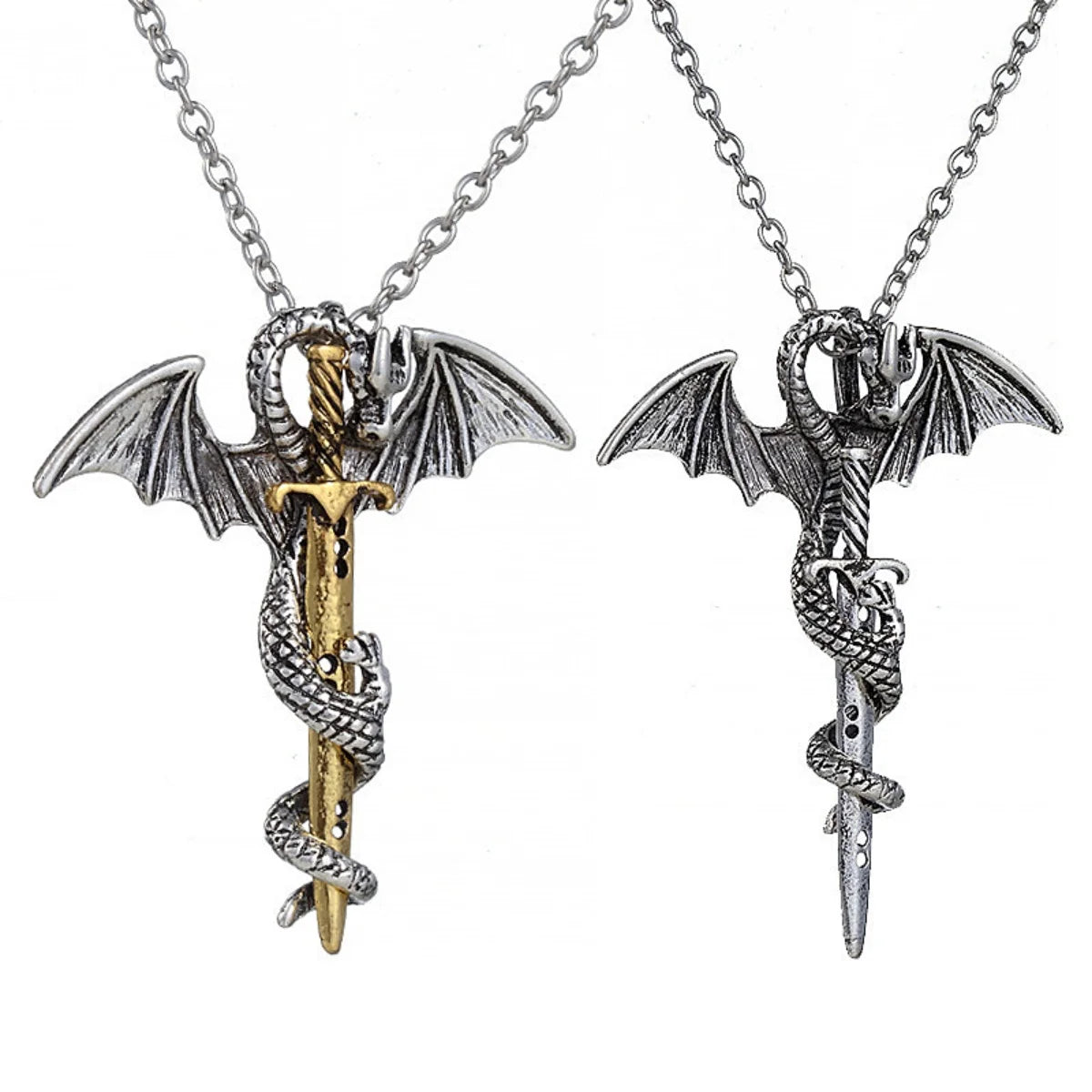 Fashion Vintage Charm Pterosaurs Sword Necklace Flying Dragon With Wings Rolled Pendant Cross Punk Jewelry Men Women