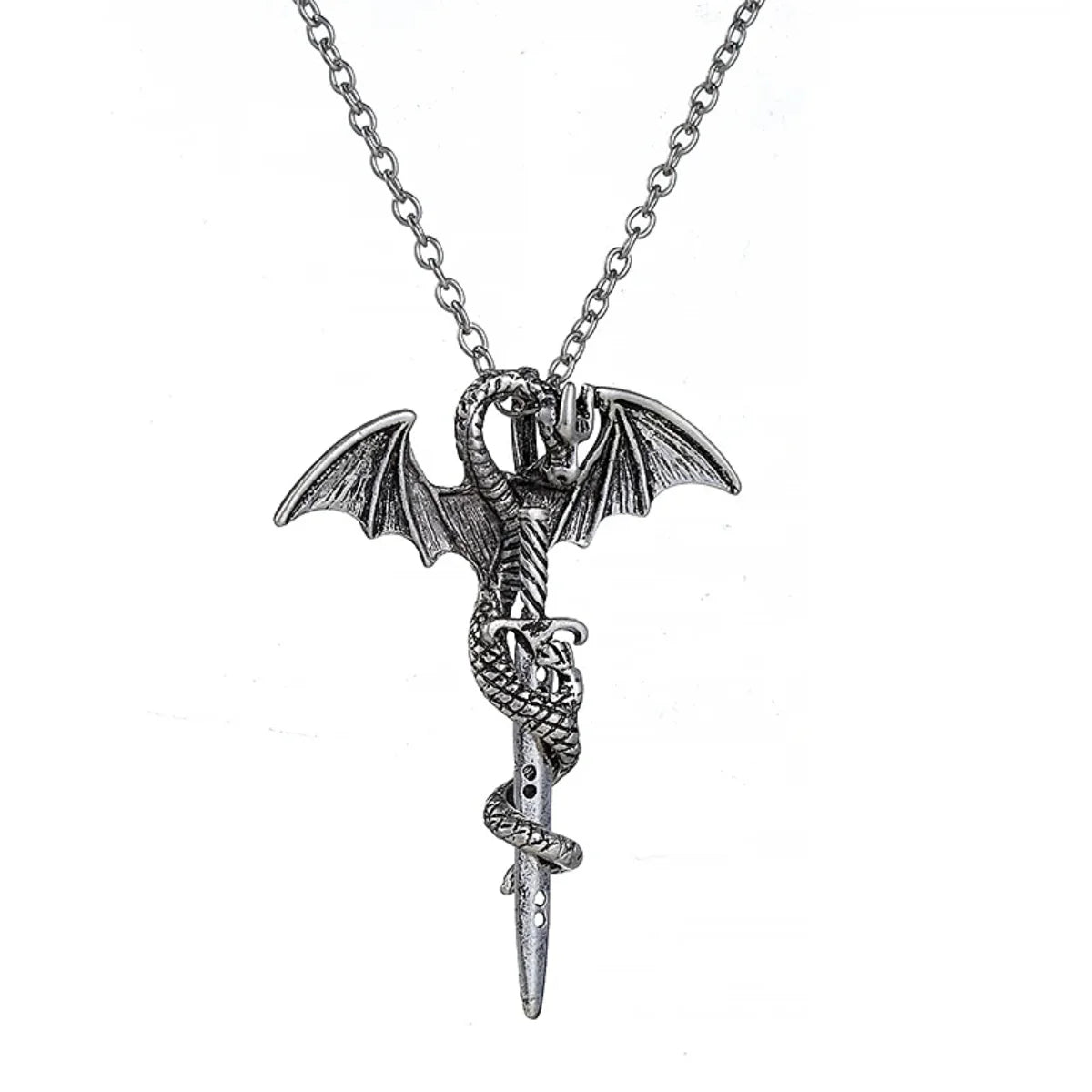 Fashion Vintage Charm Pterosaurs Sword Necklace Flying Dragon With Wings Rolled Pendant Cross Punk Jewelry Men Women
