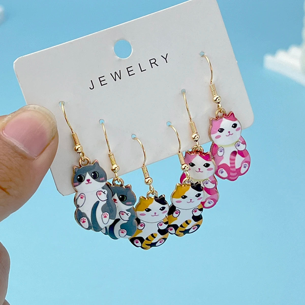 3Pairs/Set New Fun and Cute Enamel Alloy Cat Dangle Earrings Cartoon Style Colored Cat Ear Jewelry Set Gift For Women Girls