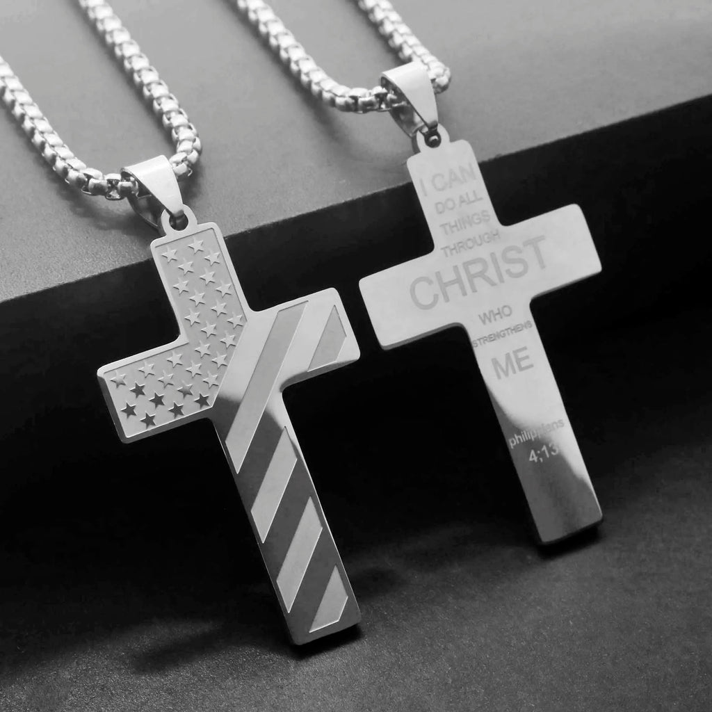 Collier Homme Male Stainless Steel Necklace USA Flag Cross Necklaces for Man Collar Hombre Bible Verse Necklace Man Jewelry