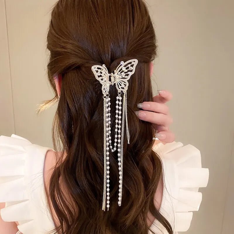 Butterfly Hair Clip With Long Tassel Hair Accessories For Women Elegant Imitation Pearl Rhinestone Shark Hairpins Jewelry