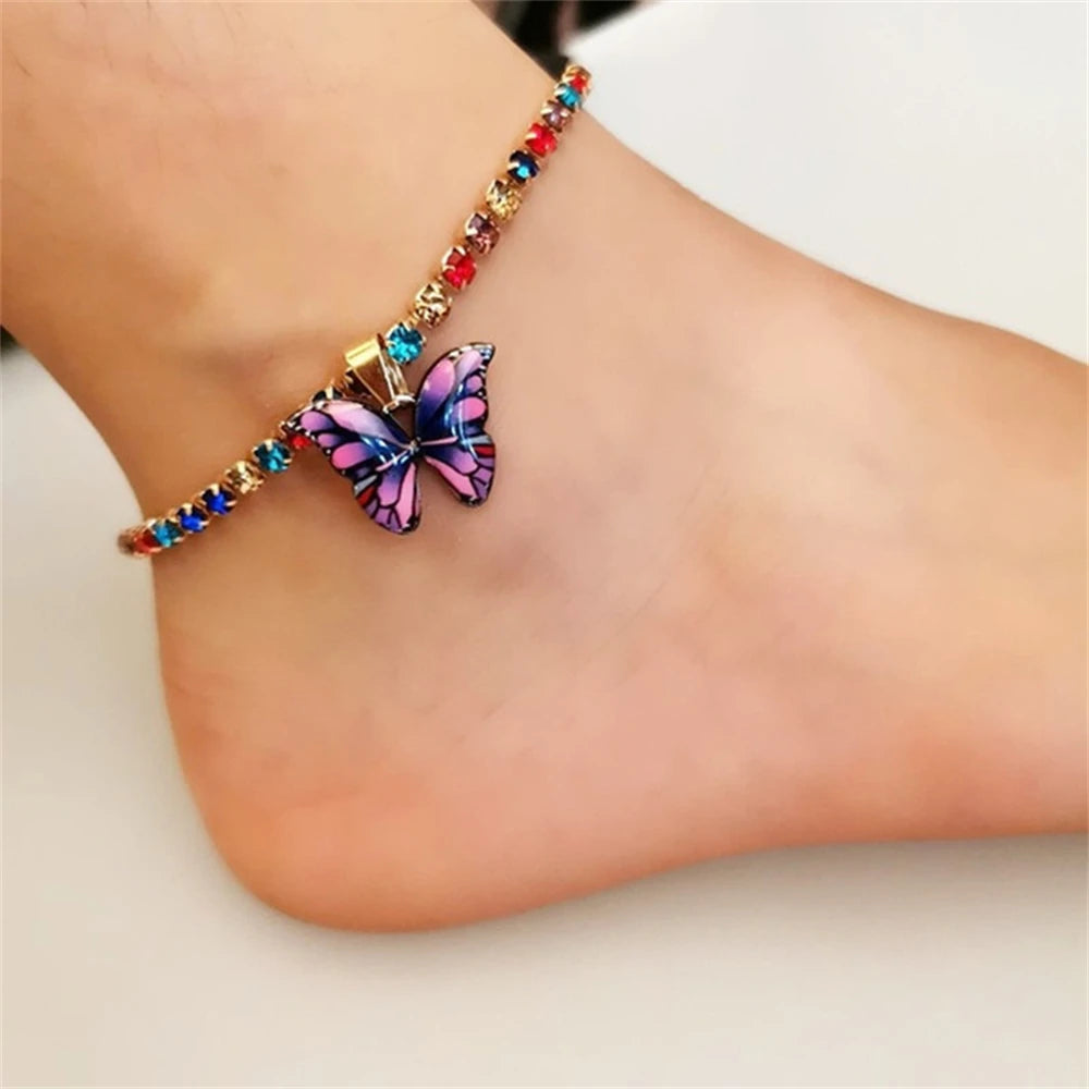 Bohemian Metal Butterfly Anklet Bracelet Colorful Bling Bling Tennis Anklet For Women Girls Summer Beach Foot Chain Accessories