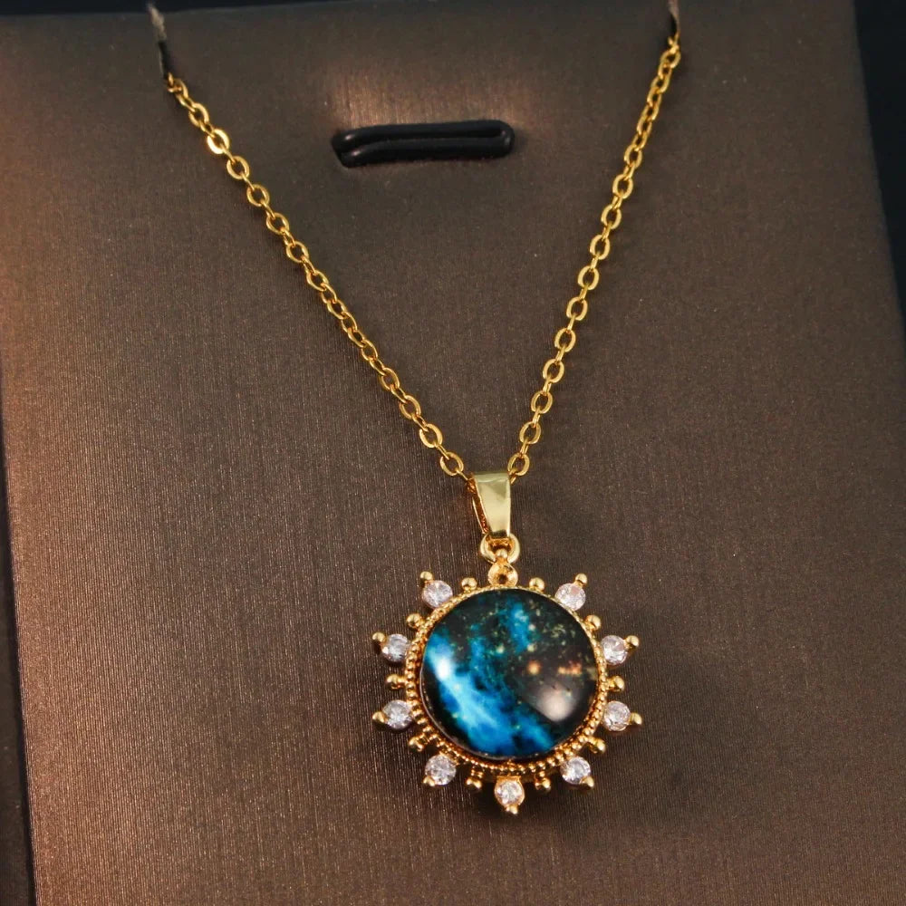 Fashion Planet Moon and Star Opal Pendant Necklace for Women Charm Gold Color Stainless Steel Spaceman Choker Jewelry Accessory