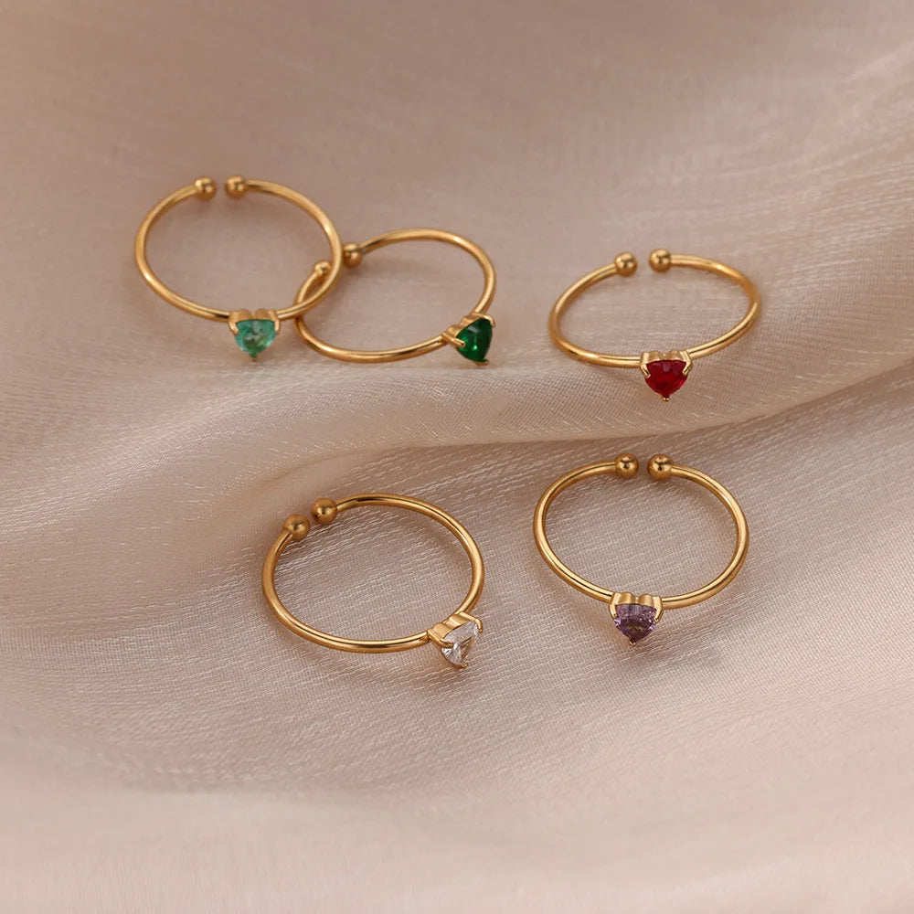 Zircon Heart Birthstone Rings For Women Gold Color Adjustable Stainless Steel Birthstone Heart Ring  Wedding Jewelry Gift BFF