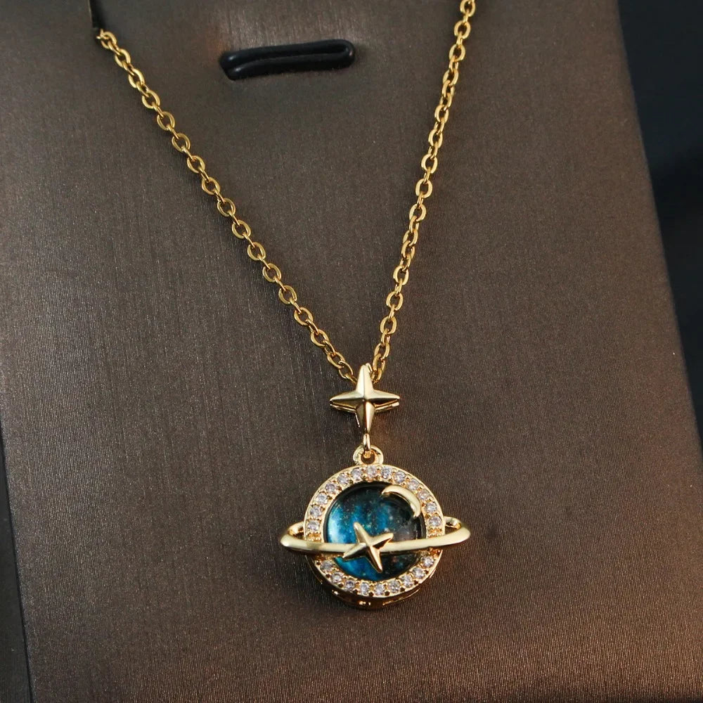 Fashion Planet Moon and Star Opal Pendant Necklace for Women Charm Gold Color Stainless Steel Spaceman Choker Jewelry Accessory