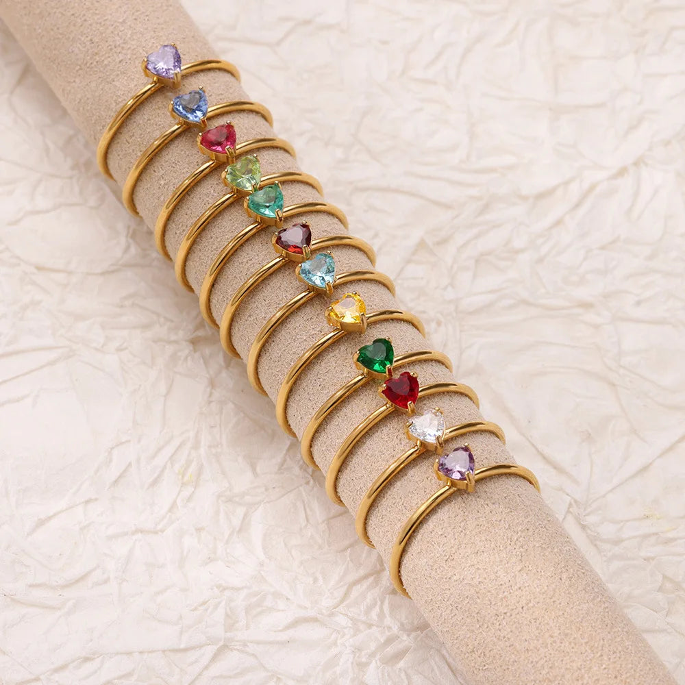 Zircon Heart Birthstone Rings For Women Gold Color Adjustable Stainless Steel Birthstone Heart Ring  Wedding Jewelry Gift BFF